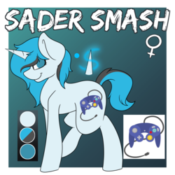 Size: 894x894 | Tagged: safe, artist:melonzy, oc, oc only, oc:sader smash, pony, unicorn, aura, controller, gaming, magic, reference sheet, solo, standing