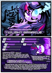 Size: 696x984 | Tagged: safe, artist:terry, twilight sparkle, alicorn, pony, ask friendly twilight, g4, fan fiction fuel, reference sheet, sans eye, sombra eyes, the literal bottom of the productivity barrel, trading card, twilight sparkle (alicorn)