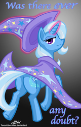 Size: 720x1128 | Tagged: safe, artist:texasuberalles, trixie, pony, unicorn, g4, butt, cape, clothes, female, glowing horn, gradient background, hat, horn, looking at you, looking back, magic, mare, plot, solo, telekinesis, the great and powerful ass, trixie's cape, trixie's hat, was there ever any doubt?