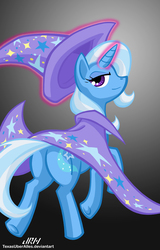 Size: 720x1128 | Tagged: safe, alternate version, artist:texasuberalles, trixie, pony, unicorn, g4, butt, cape, clothes, female, glowing horn, gradient background, hat, horn, looking at you, looking back, magic, mare, plot, solo, telekinesis, trixie's cape, trixie's hat
