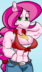 Size: 4500x7800 | Tagged: safe, artist:roguemccloud, oc, oc only, oc:honey suckle, oc:honey suckle (flicker-show), earth pony, anthro, abs, absurd resolution, anthro oc, arm behind head, breasts, buff, clothes, female, mare, muscles, solo