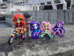 Size: 4608x3456 | Tagged: safe, artist:franklin, fluttershy, octavia melody, rarity, sunset shimmer, twilight sparkle, equestria girls, g4, clothes, cruise, doll, equestria girls minis, funko, irl, motorcycle, panties, photo, skirt, toy, underwear, upskirt, white underwear