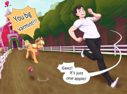 Size: 4000x2955 | Tagged: safe, artist:mylittlesheepy, derpibooru exclusive, applejack, oc, oc:tobias, earth pony, human, pony, g4, apple, dialogue, food, heterochromia, human in equestria, humanized, humanized oc, running, stealing, sweet apple acres, tree