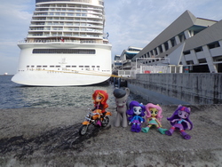 Size: 4608x3456 | Tagged: safe, artist:franklin, fluttershy, octavia melody, rarity, sunset shimmer, twilight sparkle, equestria girls, g4, cruise ship, doll, equestria girls minis, funko, irl, motorcycle, photo, singapore, toy