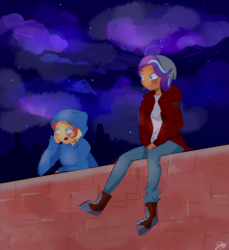 Size: 3897x4250 | Tagged: safe, artist:noahther, starlight glimmer, sunset shimmer, human, g4, clothes, duo, hoodie, humanized, night, pants, sitting, smiling, sweater