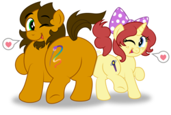 Size: 1600x1079 | Tagged: safe, artist:aleximusprime, oc, oc:alex the chubby pony, oc:eilemonty, earth pony, pony, unicorn, bow, butt, butt bump, butt to butt, butt touch, chubby, cute, duo, duo male and female, eilemonty, female, friends, heart, male, mare, mare and stallion, one eye closed, pictogram, plot, plot pair, plump, ponysona, stallion, wink