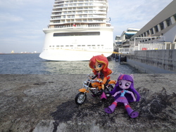 Size: 4608x3456 | Tagged: safe, artist:franklin, sunset shimmer, twilight sparkle, equestria girls, g4, best friends, cruise ship, doll, equestria girls minis, female, irl, motorcycle, photo, singapore, toy