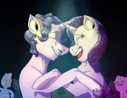 Size: 1314x1016 | Tagged: safe, artist:socialgutbrain777, applejack, fancypants, rarity, spike, pony, g4, angry, blue, boop, crowd, crying, fangirling, female, happy, jealous, laughing, male, nose wrinkle, noseboop, purple, romantic jealousy, ship:raripants, shipping, spotlight, straight