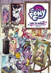 Size: 1400x1973 | Tagged: safe, artist:andypriceart, idw, angel bunny, apple bloom, applejack, bon bon, cheerilee, fluttershy, rainbow dash, rarity, scootaloo, sweetie belle, sweetie drops, trixie, twilight sparkle, alicorn, earth pony, pegasus, pony, rabbit, unicorn, g4, spoiler:comic, alicorn amulet, art, art is magic, art museum, bon bon is not amused, book, cape, clothes, cover, cutie mark crusaders, female, filly, fine art parody, fluttalisa, gem, heart eyes, holding hooves, male, mare, mona lisa, museum, painting, secret agent sweetie drops, statue, stealing, sunglasses, trixie's cape, twilight sparkle (alicorn), unamused, wingding eyes