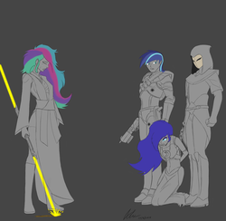 Size: 4201x4100 | Tagged: safe, artist:evanzblack, princess celestia, princess luna, shining armor, human, g4, absurd resolution, double lightsaber, engrish in the description, gray background, humanized, jedi, lightsaber, simple background, star wars, story included, weapon, woman
