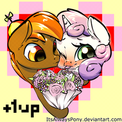 Size: 3000x3000 | Tagged: safe, artist:itsalwayspony, button mash, sweetie belle, pony, g4, blushing, bouquet, buttonbetes, colt, cute, female, filly, flower, heart, high res, male, one eye closed, ship:sweetiemash, shipping, squishy cheeks, straight, tongue out