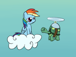 Size: 1720x1280 | Tagged: safe, artist:phat_guy, derpibooru exclusive, rainbow dash, tank, pegasus, pony, tortoise, g4, animal, cloud, critter, duo, female, flying, gradient background, helicopter, hooves, lidded eyes, looking at each other, mare, on a cloud, pet, sitting, sitting on a cloud, sky, smiling, wings