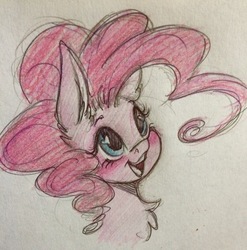 Size: 640x647 | Tagged: safe, artist:faline-art, pinkie pie, earth pony, pony, g4, blushing, chest fluff, ear fluff, female, happy, heart eyes, long ears, mare, open mouth, pencil drawing, simple background, smiling, solo, traditional art, wingding eyes