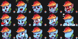 Size: 1530x768 | Tagged: safe, artist:assasinmonkey, edit, rainbow dash, pegasus, pony, g4, angry, apple, blushing, cloud, crying, cute, dashabetes, derp, emote, emotes, emotions, expressions, eyes closed, faic, female, floppy ears, food, frown, laughing, mare, no face, open mouth, puffy cheeks, sad, simple background, sleeping, smiling, wide eyes