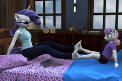 Size: 3000x2000 | Tagged: safe, artist:tahublade7, rarity, sweetie belle, anthro, plantigrade anthro, g4, 3d, barefoot, bed, book, clock, clothes, daz studio, feet, female, fetish, foot fetish, footsie, framed picture, glasses, high res, jeans, pants