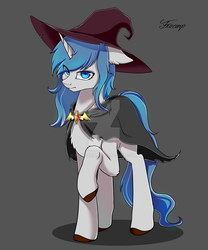 Size: 1024x1229 | Tagged: safe, artist:foxcarp, oc, oc only, pony, unicorn, blue eyes, blue mane, cloak, clothes, colored hooves, concentrating, female, frown, gray background, hat, intense, mare, simple background, solo, white coat, wizard hat