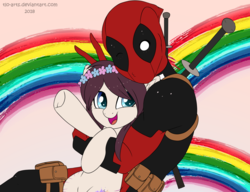Size: 2280x1754 | Tagged: safe, artist:tlo-arts, oc, human, pony, commission, crossover, deadpool, duo, female, flower, flower in hair, hug, mare, one eye closed, rainbow, ych result
