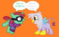 Size: 1260x796 | Tagged: safe, oc, oc:quilly, oc:straight a's, griffon, pony, clothes, cute, female, filly, glasses, mare, pigtails, sweater