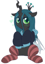 Size: 1879x2700 | Tagged: dead source, safe, artist:evomanaphy, queen chrysalis, changeling, changeling queen, g4, blushing, clothes, cute, cutealis, featureless crotch, female, heart, looking at you, simple background, smiling, socks, solo, striped socks, sweater, transparent background