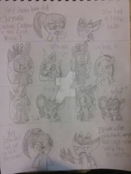 Size: 1024x1360 | Tagged: safe, artist:tobiisabunny, princess cadance, queen chrysalis, oc, oc:bitter rot, oc:dante the savage imp, g4, frying pan, knock out, traditional art, watermark