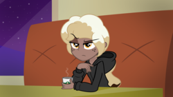Size: 16667x9375 | Tagged: safe, artist:besttubahorse, oc, oc only, oc:sweet mocha, equestria girls, g4, absurd resolution, clothes, cocked eyebrow, coffee cup, cup, equestria girls-ified, female, freckles, hoodie, night, sitting, solo, unamused, vector