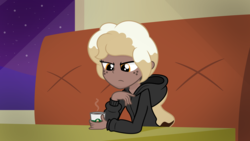 Size: 8333x4688 | Tagged: safe, artist:besttubahorse, oc, oc only, oc:sweet mocha, equestria girls, g4, absurd resolution, clothes, cocked eyebrow, coffee cup, cup, equestria girls-ified, female, freckles, hoodie, night, sitting, solo, unamused, vector