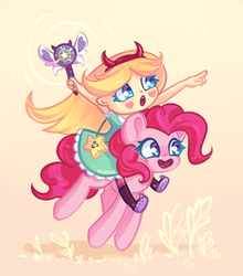 Size: 970x1103 | Tagged: safe, artist:avonir, pinkie pie, earth pony, pony, g4, crossover, duo, female, mare, mewmans riding ponies, riding, royal magic wand, simple background, star butterfly, star vs the forces of evil, stars, wand, xk-class end-of-the-world scenario