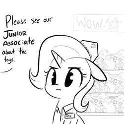Size: 1650x1650 | Tagged: safe, artist:tjpones, trixie, pony, unicorn, g4, clothes, cute, dialogue, female, floppy ears, frown, grayscale, hat, mare, meme, monochrome, name tag, offscreen character, simple background, sketch, solo, toy, unamused, white background, wow, wow! glimmer