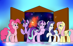Size: 2304x1440 | Tagged: source needed, safe, artist:tabula-rasa, fluttershy, pinkie pie, rarity, starlight glimmer, twilight sparkle, alicorn, earth pony, pegasus, pony, unicorn, fanfic:songs of the spheres, g4, door, floating, space, twilight sparkle (alicorn)