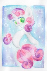 Size: 1099x1649 | Tagged: safe, artist:1drfl_world_end, sweetie belle, seapony (g4), unicorn, g4, surf and/or turf, bubble, cute, diasweetes, dorsal fin, female, fin, fish tail, flowing tail, looking at you, ocean, open mouth, seaponified, seapony sweetie belle, smiling, solo, species swap, swimming, tail, traditional art, underwater, water, watercolor painting