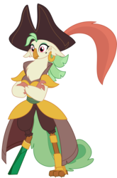 Size: 1778x2697 | Tagged: safe, artist:sketchmcreations, captain celaeno, parrot, anthro, g4, my little pony: the movie, amputee, beauty mark, crossed arms, ear piercing, earring, female, hat, jewelry, peg leg, piercing, pirate, pirate hat, prosthetic leg, prosthetic limb, prosthetics, simple background, solo, transparent background, vector