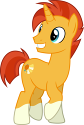 Size: 1600x2381 | Tagged: safe, artist:chainchomp2 edits, sunburst, pony, unicorn, g4, the cutie re-mark, coat markings, cute, grin, looking back, male, older, raised hoof, raised leg, simple background, smiling, socks (coat markings), solo, sunbetes, transparent background, vector, we don't normally wear clothes