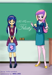 Size: 1100x1600 | Tagged: safe, artist:twilite-sparkleplz, part of a set, dean cadance, flash sentry, princess cadance, oc, oc:felicity sentry, equestria girls, g4, backpack, blushing, chalkboard, clothes, commission, commissioner:shortskirtsandexplosions, crossdressing, crystal prep academy, crystal prep academy uniform, crystal prep shadowbolts, desk, equestria girls-ified, eraser, femboy, girly sentry, looking at you, male, not rule 63, open mouth, part of a series, school uniform, sisters-in-law, smiling, trap