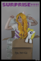 Size: 3456x5184 | Tagged: safe, artist:krazykari, surprise, human, pony, absurd resolution, box, clothes, cosplay, costume, irl, irl human, photo, solo, toy