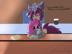 Size: 1024x768 | Tagged: safe, artist:aurorafang, oc, oc:cocoaswirl, oc:mochaswirl, baking, bread, coffee, cooking, female, filly, foal, food, mare, mother and daughter, shop, singing