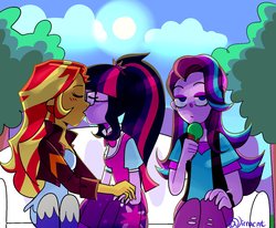 Size: 1700x1401 | Tagged: safe, artist:1racat, sci-twi, starlight glimmer, sunset shimmer, twilight sparkle, human, equestria girls, g4, blushing, bowtie, clothes, counterparts, eyes closed, female, food, glasses, ice cream, jacket, kiss on the lips, kissing, leather jacket, lesbian, lidded eyes, looking at you, ponytail, ship:sci-twishimmer, ship:sunsetsparkle, shipping, sitting, skirt, starlight glimmer is not amused, third wheel, trio, twilight's counterparts, unamused