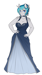 Size: 2343x4165 | Tagged: safe, artist:askbubblelee, oc, oc only, oc:bubble lee, unicorn, anthro, anthro oc, big breasts, body freckles, breasts, choker, cleavage, clothes, dress, female, freckles, gown, hair bun, hand on hip, mare, simple background, solo, white background