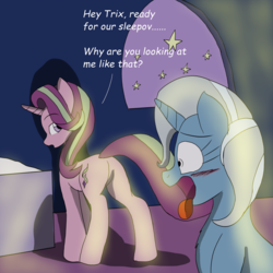 Size: 3000x3000 | Tagged: safe, artist:saberpen, artist:setharu, edit, starlight glimmer, trixie, pony, unicorn, g4, art theft, blushing, butt, dialogue, eyes on the prize, female, high res, lesbian, looking at butt, looking back, mare, open mouth, plot, ship:startrix, shipping, stars, tongue out, trace