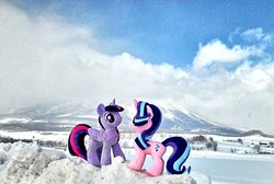 Size: 1917x1286 | Tagged: safe, photographer:hihin1993, starlight glimmer, twilight sparkle, alicorn, pony, unicorn, g4, hokkaido, irl, irl dog, japan, mountain, photo, plushie, ponies around the world, snow, twilight sparkle (alicorn)