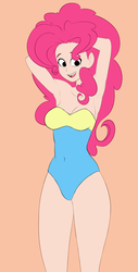 Size: 1525x2996 | Tagged: safe, artist:zrrak, pinkie pie, human, g4, arm behind head, armpits, belly button, breasts, cleavage, clothes, female, humanized, one-piece swimsuit, open mouth, simple background, smiling, solo, swimsuit