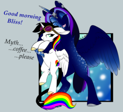 Size: 1156x1049 | Tagged: safe, artist:mythpony, oc, oc only, oc:lightning bliss, oc:myth, alicorn, pony, alicorn oc, bipedal, dialogue, female, freckles, goggles, hug, leonine tail, mare, rainbow alicorn, rainbow hair