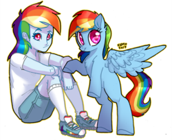 Size: 1500x1222 | Tagged: safe, artist:sl0ne, rainbow dash, human, pegasus, pony, equestria girls, g4, clothes, cute, dashabetes, female, human ponidox, looking at you, mare, self ponidox, shirt, shoes, shorts, simple background, sneakers, transparent background