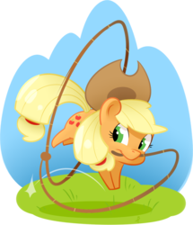 Size: 1119x1300 | Tagged: safe, artist:batonya12561, applejack, earth pony, pony, g4, chibi, cowboy hat, cute, female, grass, green eyes, hat, jackabetes, jumping, lasso, mare, mouth hold, rope, simple background, solo, stetson, transparent background