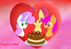 Size: 7040x4840 | Tagged: safe, artist:the-fox-experiment, apple bloom, scootaloo, sweetie belle, g4, absurd resolution, cake, cute, cutie mark crusaders, food, simple background, women's day