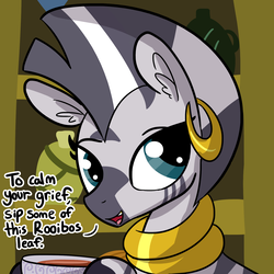 Size: 1650x1650 | Tagged: safe, artist:tjpones, zecora, pony, zebra, g4, bowl, bust, cup, cute, dialogue, ear fluff, ear piercing, earring, female, food, hoof hold, jewelry, looking at you, mare, open mouth, piercing, rhyme, rooibos, smiling, solo, tea, zecora's hut, zecorable