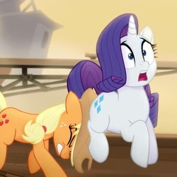 Size: 368x367 | Tagged: safe, screencap, applejack, rarity, g4, my little pony: the movie, cropped, out of context, pushing, rump push, surprised, wide eyes