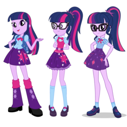 Size: 1475x1475 | Tagged: safe, artist:aqua-pony, sci-twi, twilight sparkle, alicorn, equestria girls, equestria girls series, equestria girls specials, g4, adorkable, arm behind back, backpack, belt, bowtie, clothes, comparison, cute, dork, female, geode of telekinesis, glasses, leg warmers, long hair, mary janes, meganekko, open mouth, pleated skirt, ponytail, shoes, simple background, skirt, smiling, socks, solo, standing, transparent background, twiabetes, twilight sparkle (alicorn), vector