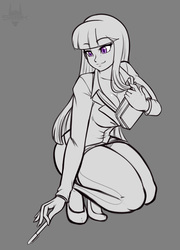 Size: 923x1280 | Tagged: safe, artist:scorpdk, twilight sparkle, human, g4, book, breasts, busty twilight sparkle, cleavage, clothes, eyebrows, eyebrows visible through hair, female, gray background, humanized, long hair, monochrome, partial color, pen, simple background, skirt, skirt suit, smiling, solo, suit