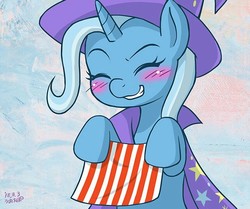 Size: 643x538 | Tagged: safe, artist:uotapo, trixie, pony, unicorn, g4, blushing, cape, clothes, cropped, cute, diatrixes, eyes closed, female, hat, mare, smiling, solo, trixie's cape, trixie's hat