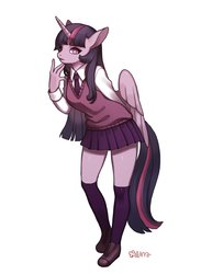 Size: 2200x3000 | Tagged: safe, artist:rd_3024, twilight sparkle, alicorn, anthro, plantigrade anthro, g4, clothes, cute, female, high res, looking at you, mare, miniskirt, moe, necktie, pleated skirt, school uniform, shoes, simple background, skirt, socks, solo, sweater vest, thigh highs, thighs, twilight sparkle (alicorn), white background